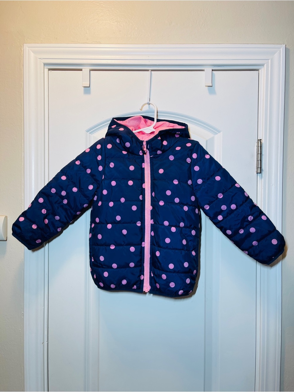 Carter's Navy Hooded Puffer Jacket with Pink Polka Dots